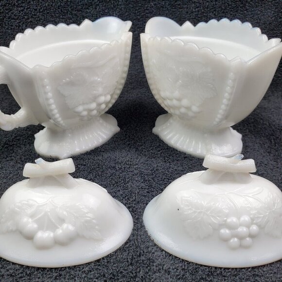 Westmoreland Milk Glass Creamer and Sugar Set Lidded Vintage “Cherry & Grape” - Picture 13 of 13